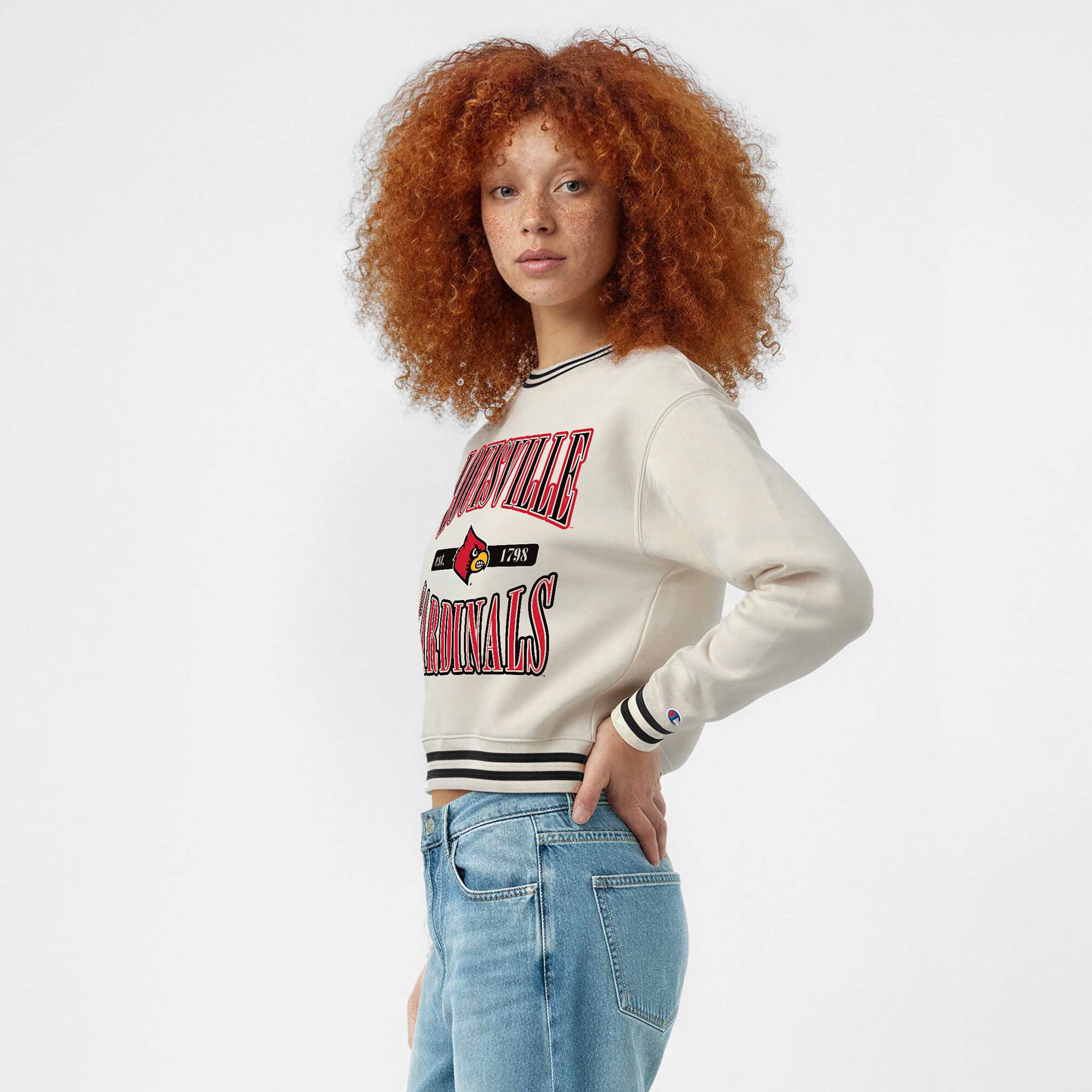 Women's Champion White Louisville Cardinals Yarn Dye Rib Reverse Weave Crew Sweatshirt